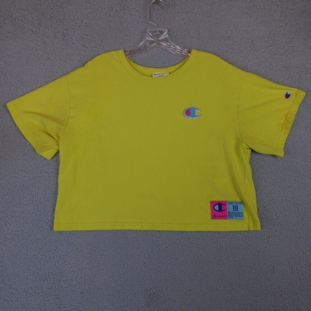 Champion Shirt Womens Large L Yellow Reverse Weave Crop Top Colorful Cotton